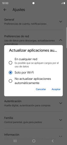 Para activar la actualización automática de apps utilizando la red móvil, pulsa En cualquier red.