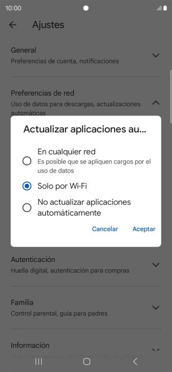 Para activar la actualización automática de apps utilizando la red móvil, pulsa En cualquier red.