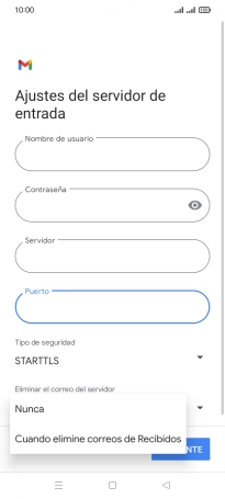 Pulsa Nunca para conservar los correos electrónicos en el servidor cuando los borras del teléfono.