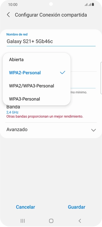 Pulsa WPA2-Personal para proteger la conexión wifi con una contraseña.