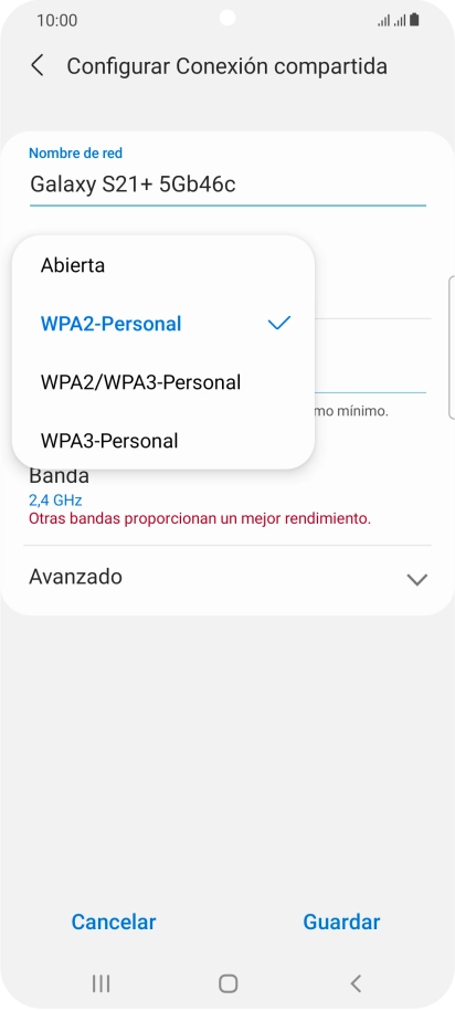 Pulsa WPA2-Personal para proteger la conexión wifi con una contraseña.