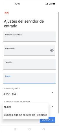 Pulsa Nunca para conservar los correos electrónicos en el servidor cuando los borras del teléfono.
