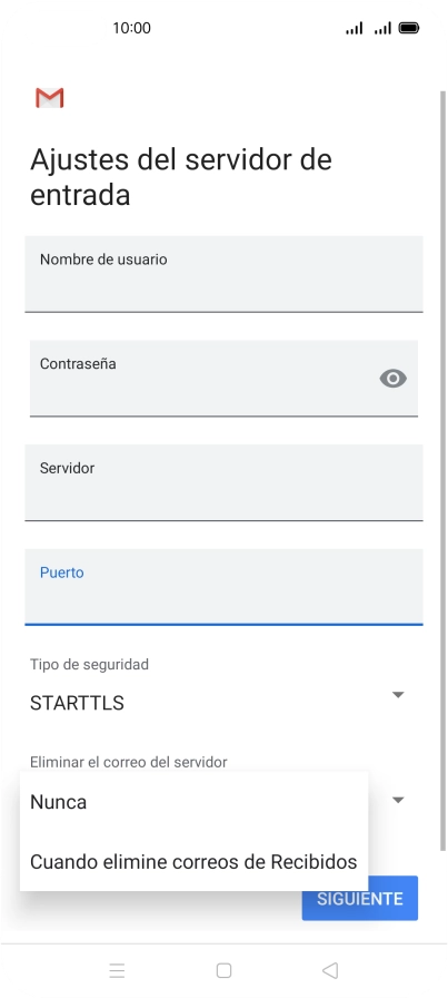 Pulsa Nunca para conservar los correos electrónicos en el servidor cuando los borras del teléfono.