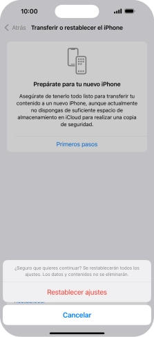 Pulsa Restablecer ajustes. Espera unos instantes mientras el teléfono restablece la configuración predeterminada. Sigue las indicaciones de la pantalla para configurar el teléfono y dejarlo listo para su uso.