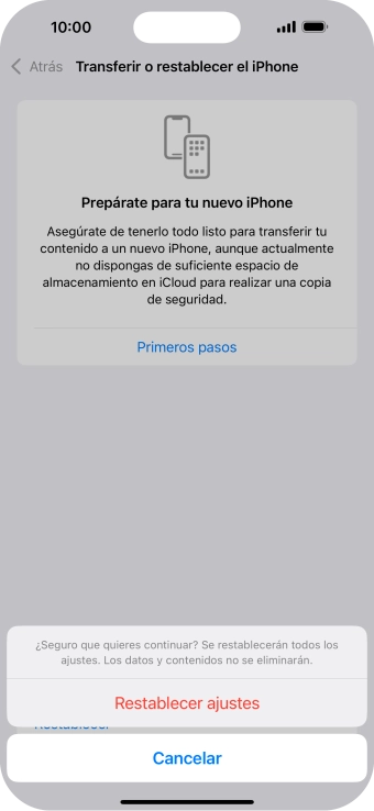 Pulsa Restablecer ajustes. Espera unos instantes mientras el teléfono restablece la configuración predeterminada. Sigue las indicaciones de la pantalla para configurar el teléfono y dejarlo listo para su uso.