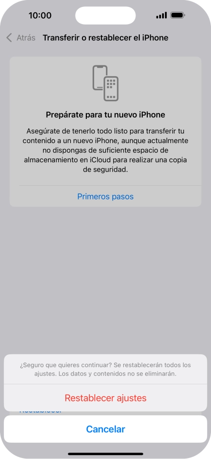 Pulsa Restablecer ajustes. Espera unos instantes mientras el teléfono restablece la configuración predeterminada. Sigue las indicaciones de la pantalla para configurar el teléfono y dejarlo listo para su uso.