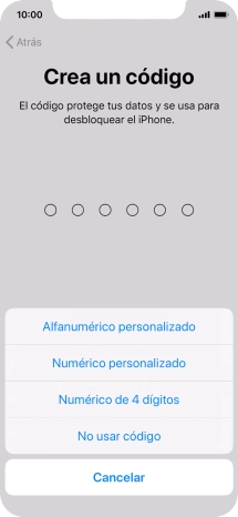 Sigue las indicaciones de la pantalla para activar el uso del código de seguridad o pulsa No usar código.