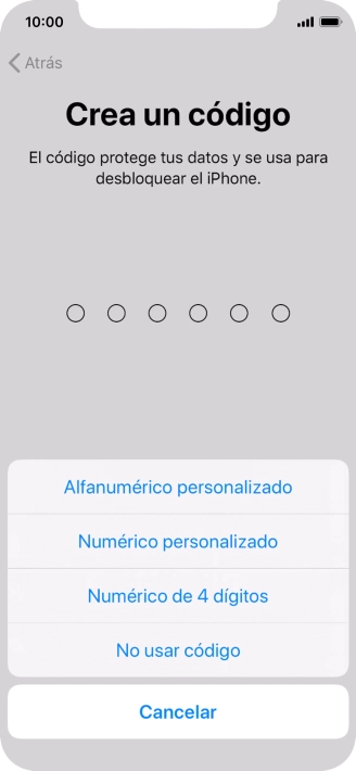 Sigue las indicaciones de la pantalla para activar el uso del código de seguridad o pulsa No usar código.