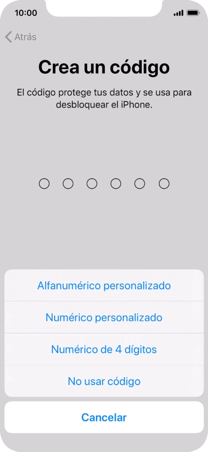 Sigue las indicaciones de la pantalla para activar el uso del código de seguridad o pulsa No usar código.