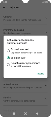 Para activar la actualización automática de apps utilizando la red móvil, pulsa En cualquier red.
