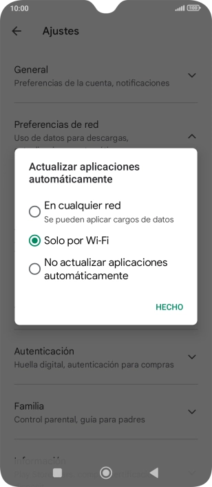Para activar la actualización automática de apps utilizando la red móvil, pulsa En cualquier red.