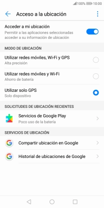 Si seleccionas Utilizar redes móviles, Wi-Fi y GPS, el teléfono podrá encontrar tu posición exacta con ayuda de los satélites GPS, la red móvil y una red wifi cercana. El GPS por satélite requiere vista libre al cielo.