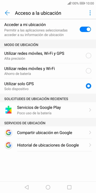 Si seleccionas Utilizar redes móviles, Wi-Fi y GPS, el teléfono podrá encontrar tu posición exacta con ayuda de los satélites GPS, la red móvil y una red wifi cercana. El GPS por satélite requiere vista libre al cielo.