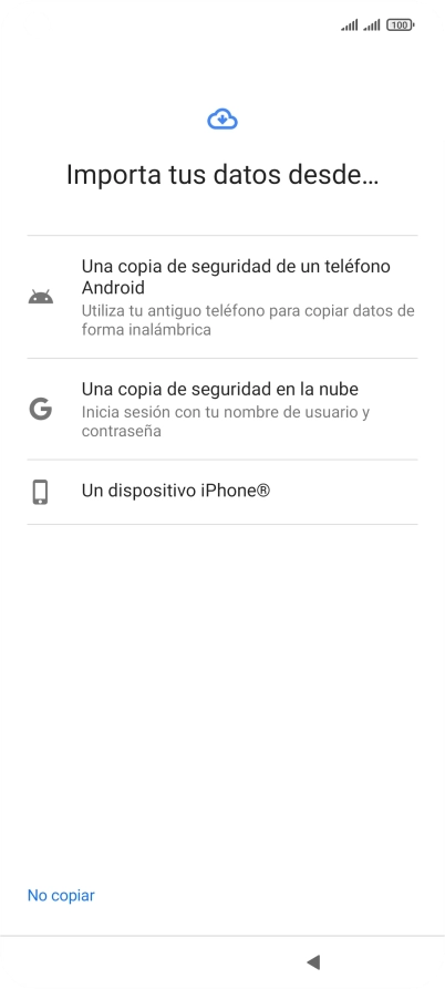 Pulsa la opción deseada y sigue las indicaciones de la pantalla para transferir contenido desde el otro teléfono y finalizar la activación de tu teléfono.