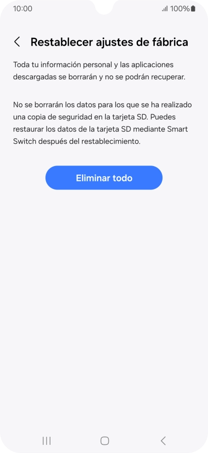 Pulsa Eliminar todo. Espera unos instantes mientras el teléfono restablece la configuración predeterminada. Sigue las indicaciones de la pantalla para configurar el teléfono y dejarlo listo para su uso.