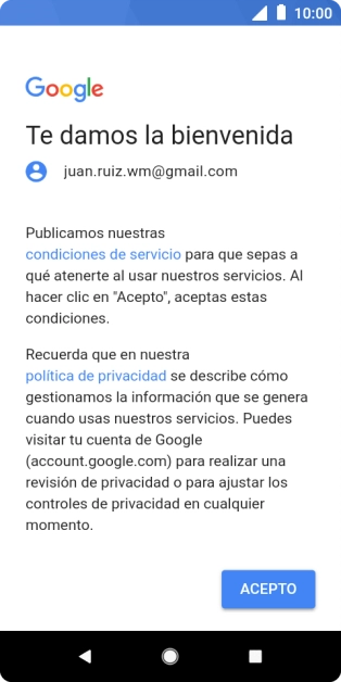Pulsa ACEPTO y sigue las indicaciones de la pantalla para seleccionar los ajustes de tu cuenta de Google.