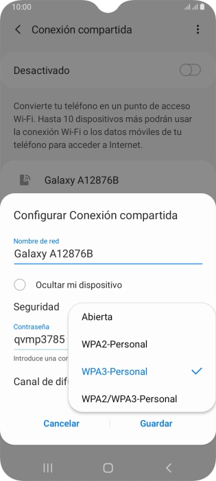 Pulsa WPA3-Personal para proteger la conexión wifi con una contraseña.