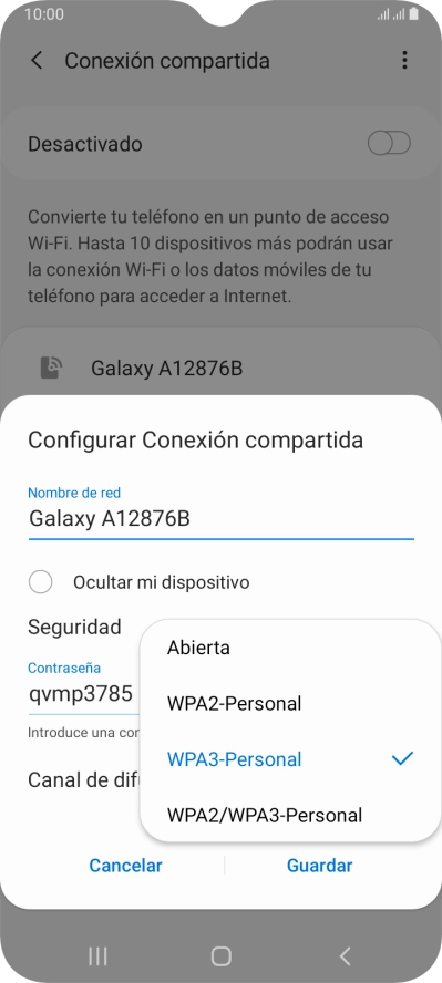 Pulsa WPA3-Personal para proteger la conexión wifi con una contraseña.