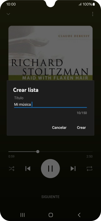 Introduce el nombre deseado de la lista de reproducción y pulsa Crear.