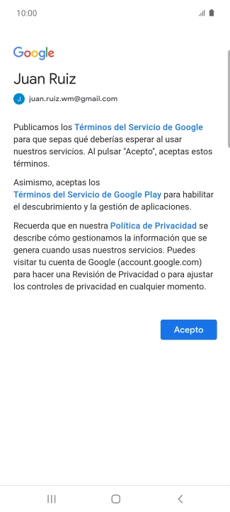 Pulsa Acepto y sigue las indicaciones de la pantalla para seleccionar los ajustes de tu cuenta de Google.