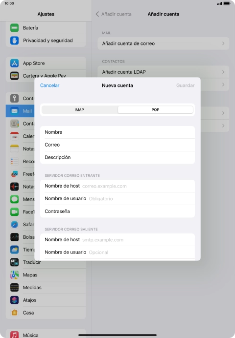 Pulsa Nombre de host e introduce el nombre del servidor de correo de entrada de tu proveedor de correo electrónico.