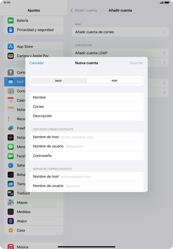 Pulsa Nombre de host e introduce el nombre del servidor de correo de entrada de tu proveedor de correo electrónico.