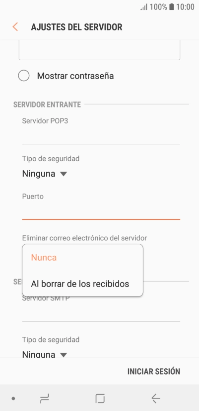 Pulsa Nunca para conservar los correos electrónicos en el servidor cuando los borras del teléfono.