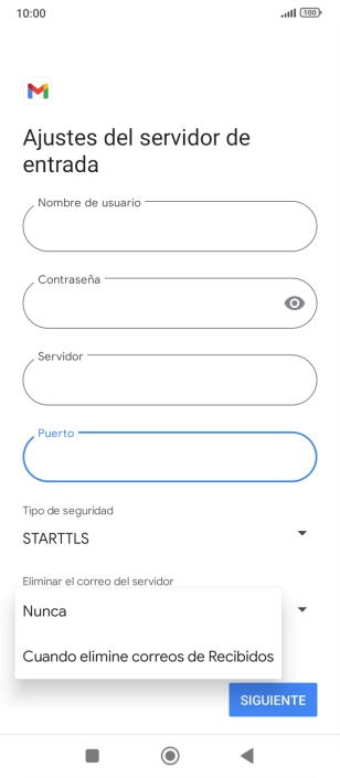 Pulsa Nunca para conservar los correos electrónicos en el servidor cuando los borras del teléfono.