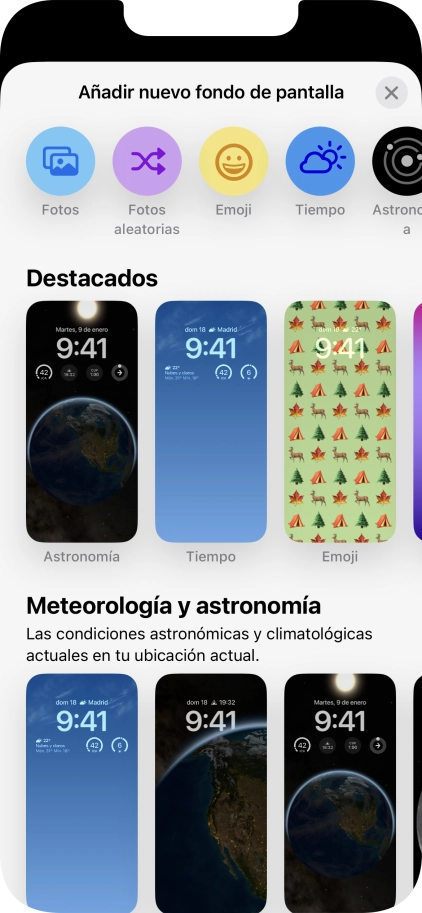 Pulsa una categoría y sigue las indicaciones de la pantalla para seleccionar la imagen de fondo deseada.