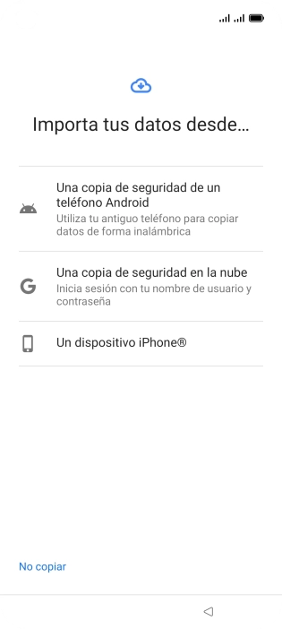 Pulsa el ajuste deseado y sigue las instrucciones de la pantalla para transferir el contenido del otro teléfono.