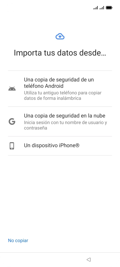 Pulsa el ajuste deseado y sigue las instrucciones de la pantalla para transferir el contenido del otro teléfono.