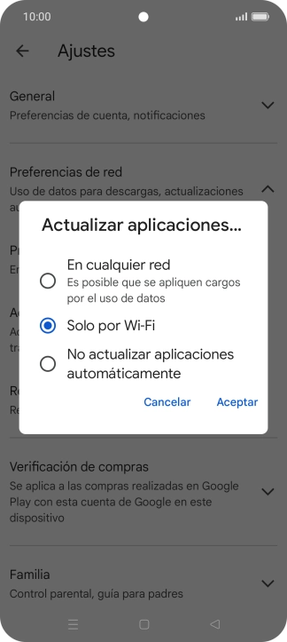 Para activar la actualización automática de apps utilizando la red móvil, pulsa En cualquier red.