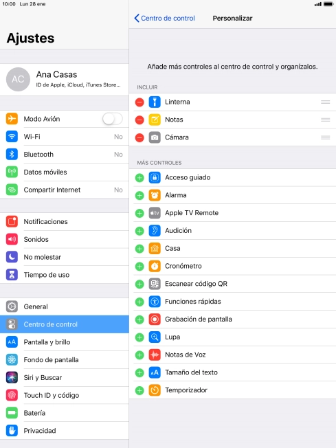 Pulsa el icono de eliminar junto a la función deseada para eliminarla del Centro de control.