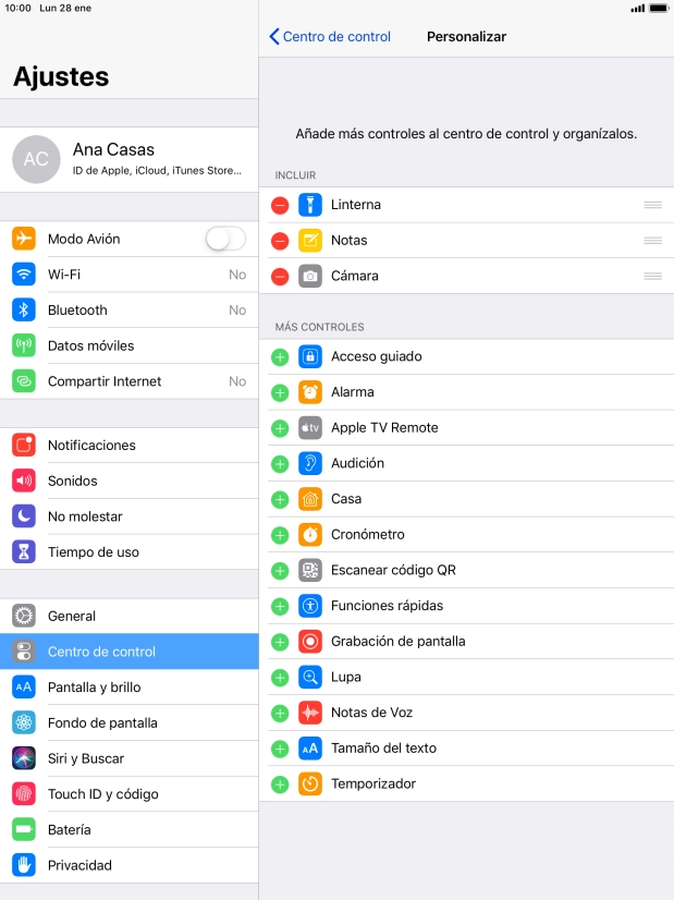 Pulsa el icono de eliminar junto a la función deseada para eliminarla del Centro de control.