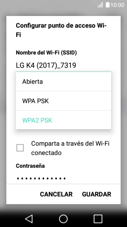 Pulsa WPA2 PSK para proteger la conexión wifi con una contraseña.