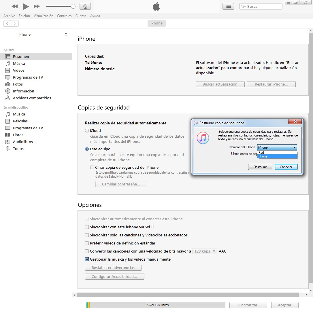 Haz clic en la copia de seguridad deseada.