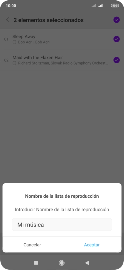 Introduce el nombre deseado de la lista de reproducción y pulsa Aceptar.