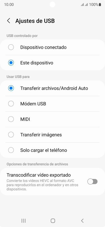 Pulsa Transferir archivos/Android Auto.