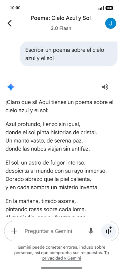 A Gemini le puedes pedir que genere un texto a partir de una descripción tuya.
