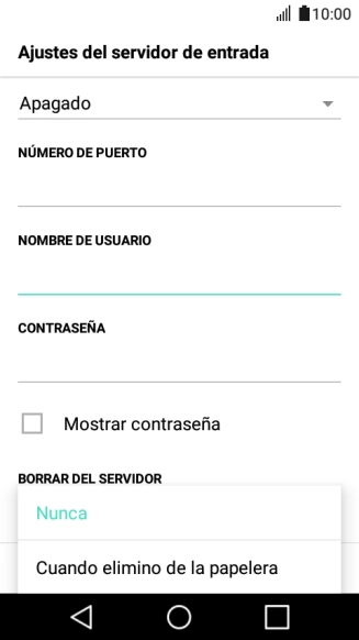 Pulsa Nunca para conservar los correos electrónicos en el servidor cuando los borras del teléfono.