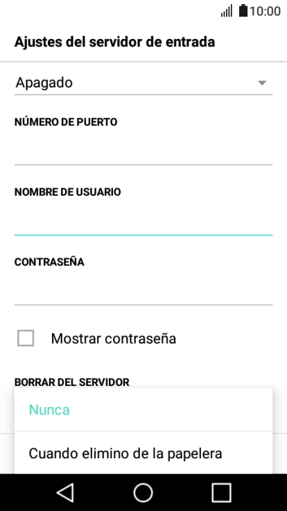 Pulsa Nunca para conservar los correos electrónicos en el servidor cuando los borras del teléfono.