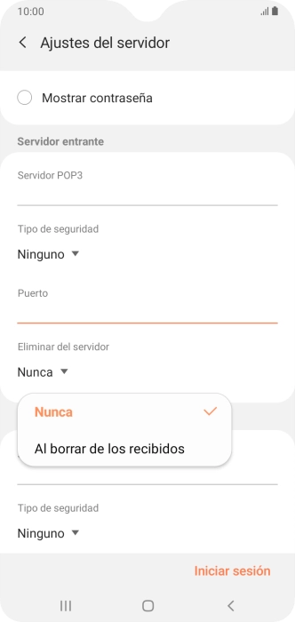 Pulsa Nunca para conservar los correos electrónicos en el servidor cuando los borras del teléfono.