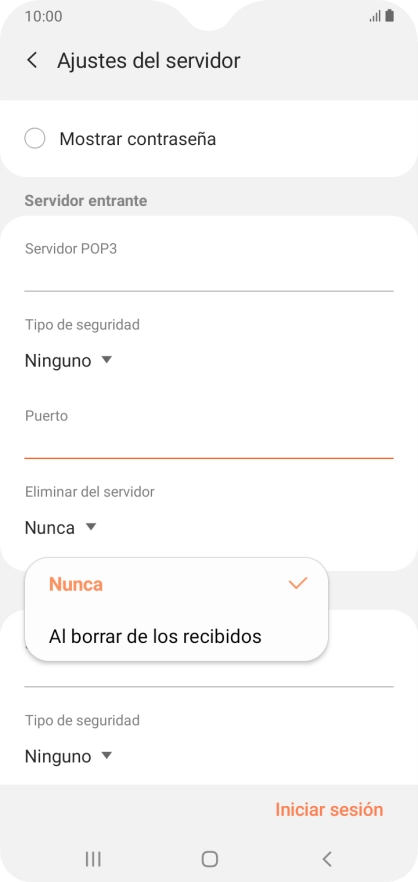 Pulsa Nunca para conservar los correos electrónicos en el servidor cuando los borras del teléfono.