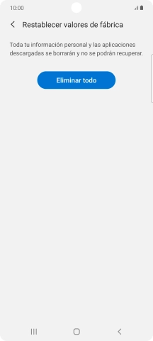 Pulsa Eliminar todo. Espera unos instantes mientras el teléfono restablece la configuración predeterminada. Sigue las indicaciones de la pantalla para configurar el teléfono y dejarlo listo para su uso.