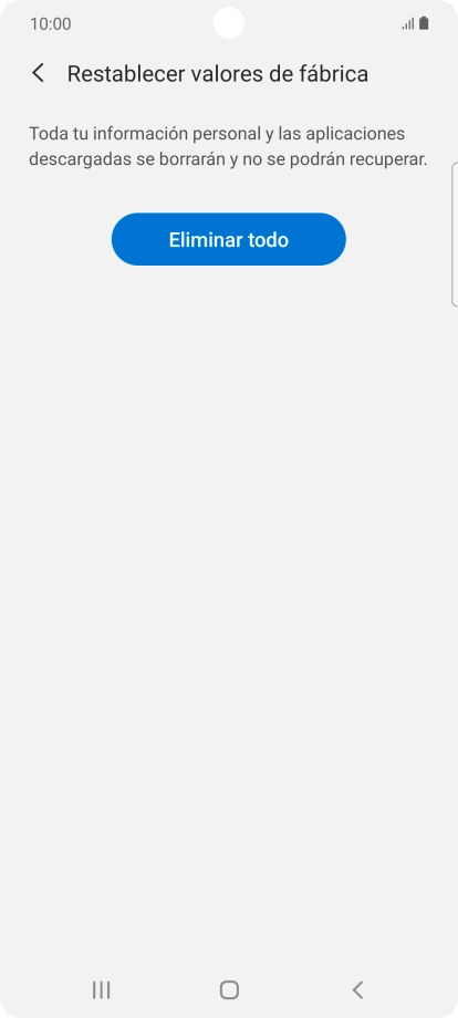 Pulsa Eliminar todo. Espera unos instantes mientras el teléfono restablece la configuración predeterminada. Sigue las indicaciones de la pantalla para configurar el teléfono y dejarlo listo para su uso.