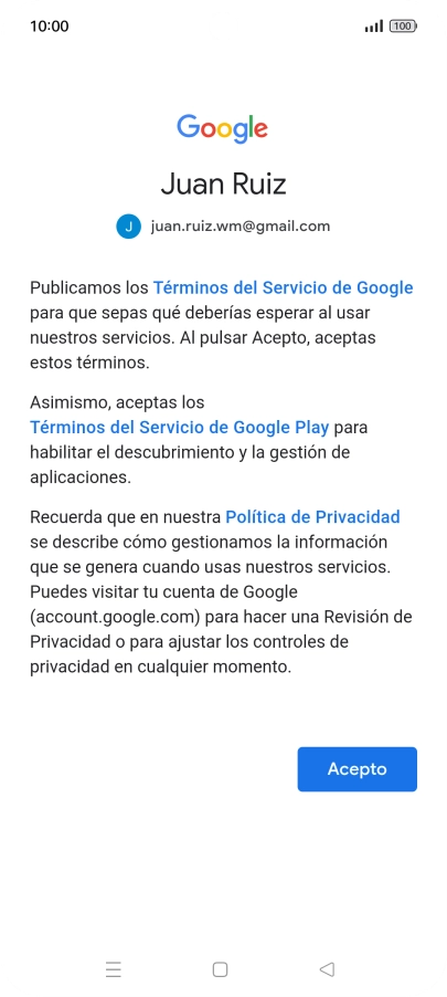 Pulsa Acepto y sigue las indicaciones de la pantalla para seleccionar los ajustes de tu cuenta de Google.