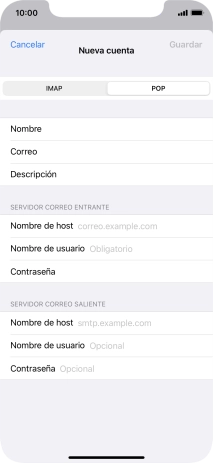 Pulsa Nombre de host e introduce el nombre del servidor de correo de entrada de tu proveedor de correo electrónico.