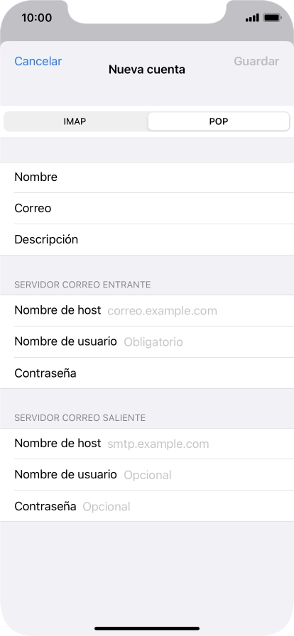 Pulsa Nombre de host e introduce el nombre del servidor de correo de entrada de tu proveedor de correo electrónico.
