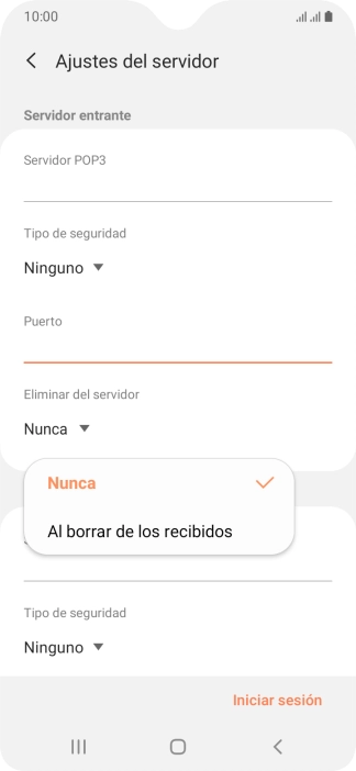 Pulsa Nunca para conservar los correos electrónicos en el servidor cuando los borras del teléfono.