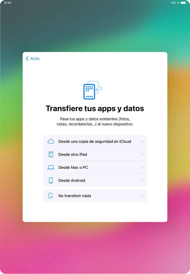 Puedes transferir el contenido de un dispositivo Android cuando activas tu tablet por primera vez y cuando la has restablecido. Cuando aparezca en la pantalla de la tablet esta imagen, ya está lista para la transmisión del contenido de un dispositivo Android.